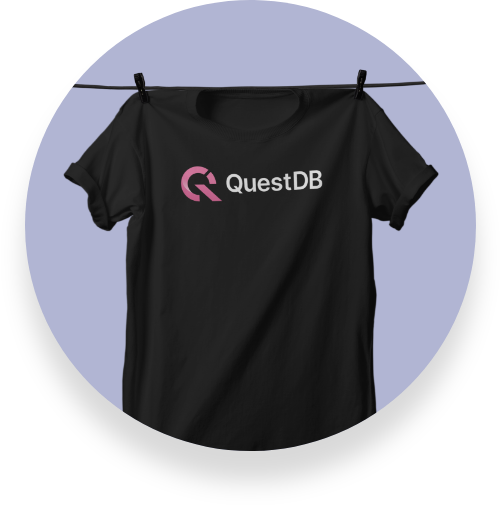 A black t-shirt with the QuestDB logo printed on the front