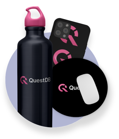 A pink and black water bottle, a cellphone cover and a circular mousemat printed with the QuestDB logo