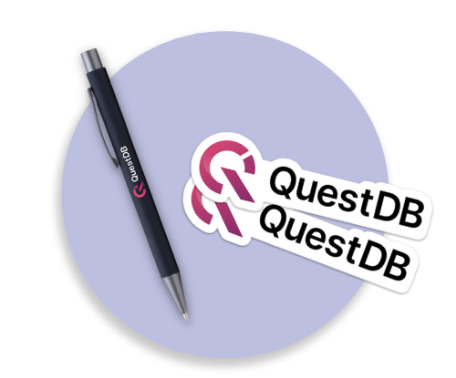 A mug and a pack of stickers printed with the QuestDB logo